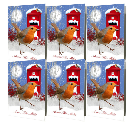 Robin, Across The Miles Winter Holiday Card - Christmas Card, Post Box & Robin in Snow- Pack Of 6 Cards