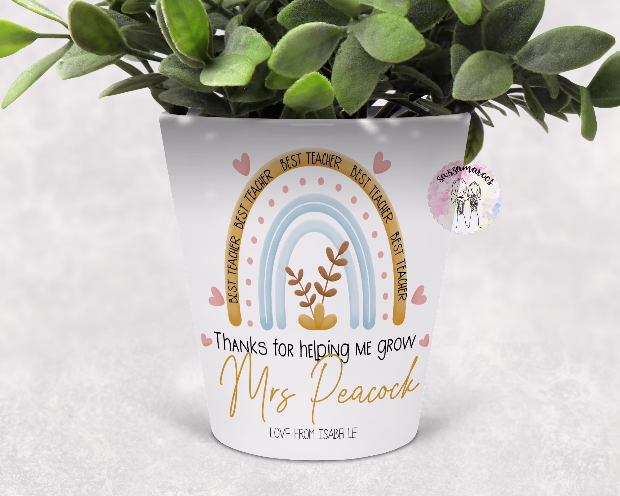 Teacher Gift | Teacher Plant Pot Personalised Planter Thank You For Helping Me Grow Appreciation Gift Yellow Rainbow