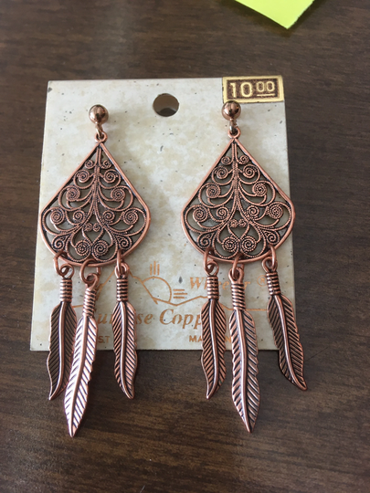 Southwestern Wheeler Copper Dangle Feather Sunrise Copper Brand Nos Hypo Post Vintage Filagree