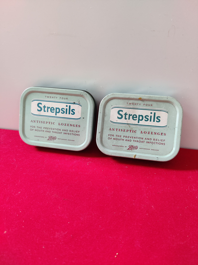 Pair Of Vintage Strepsils Tin, Sore Throat Tablets, Antiseptic Lozenges, Storage Container, First Aid