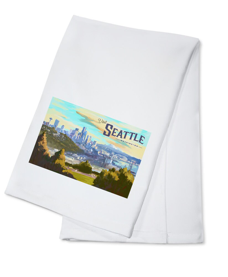 Tea Towel, Apron Seattle, Washington, Skyline, Oil Painting, Lantern Press Artwork, Kitchen Cooking, Unisex, Adjustable, Organic Cotton