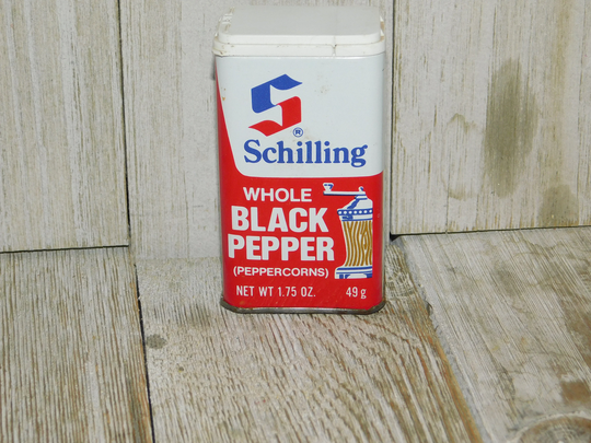 Vintage Schillings Black Pepper Tin Can, Seasoning, Empty, Vtg Spice Kitchen, Daysgonebytreasures Dc