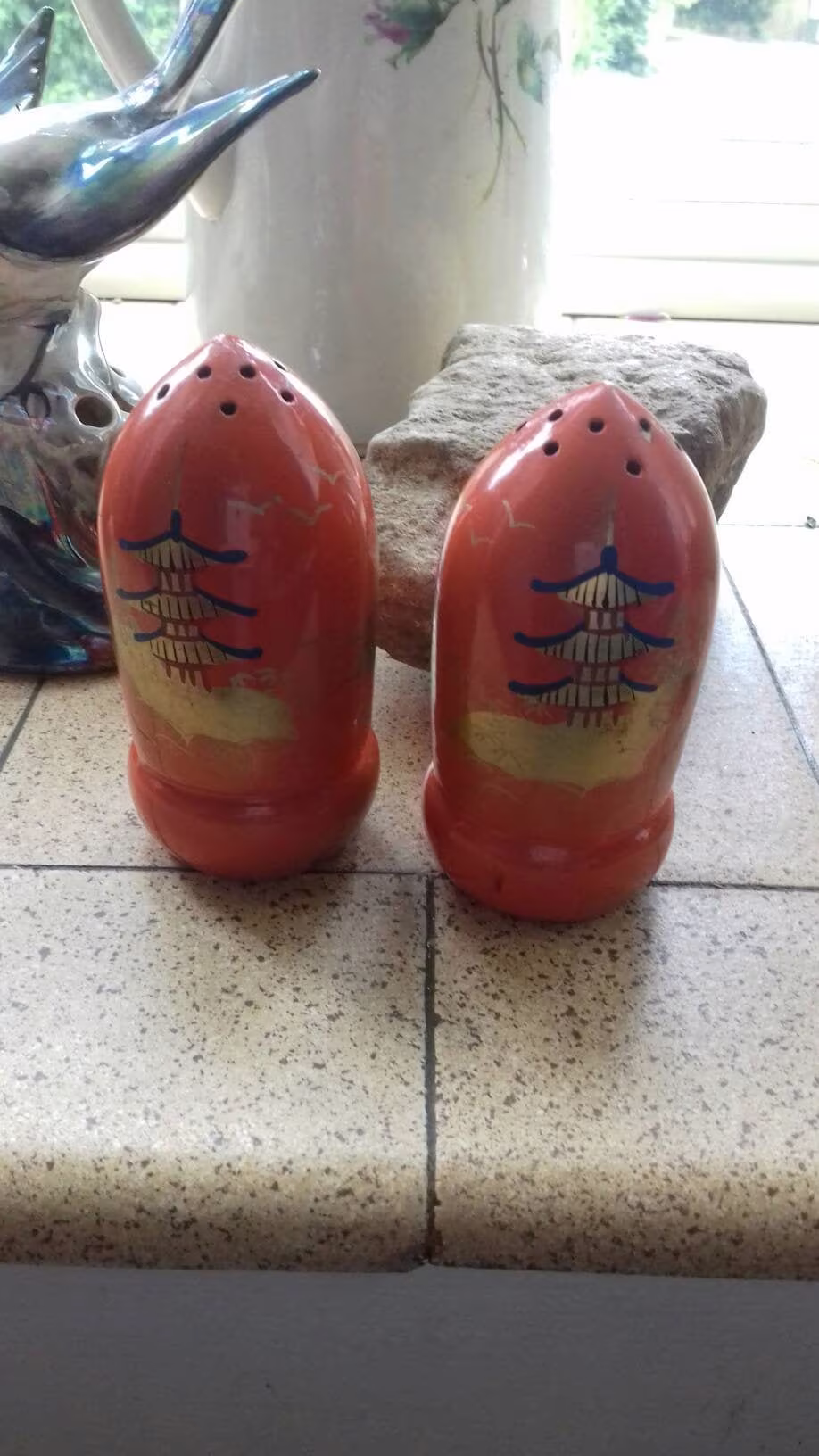 Vintage Japanese Orange Ceramic 1940's Pagoda Salt Pepper Shakers