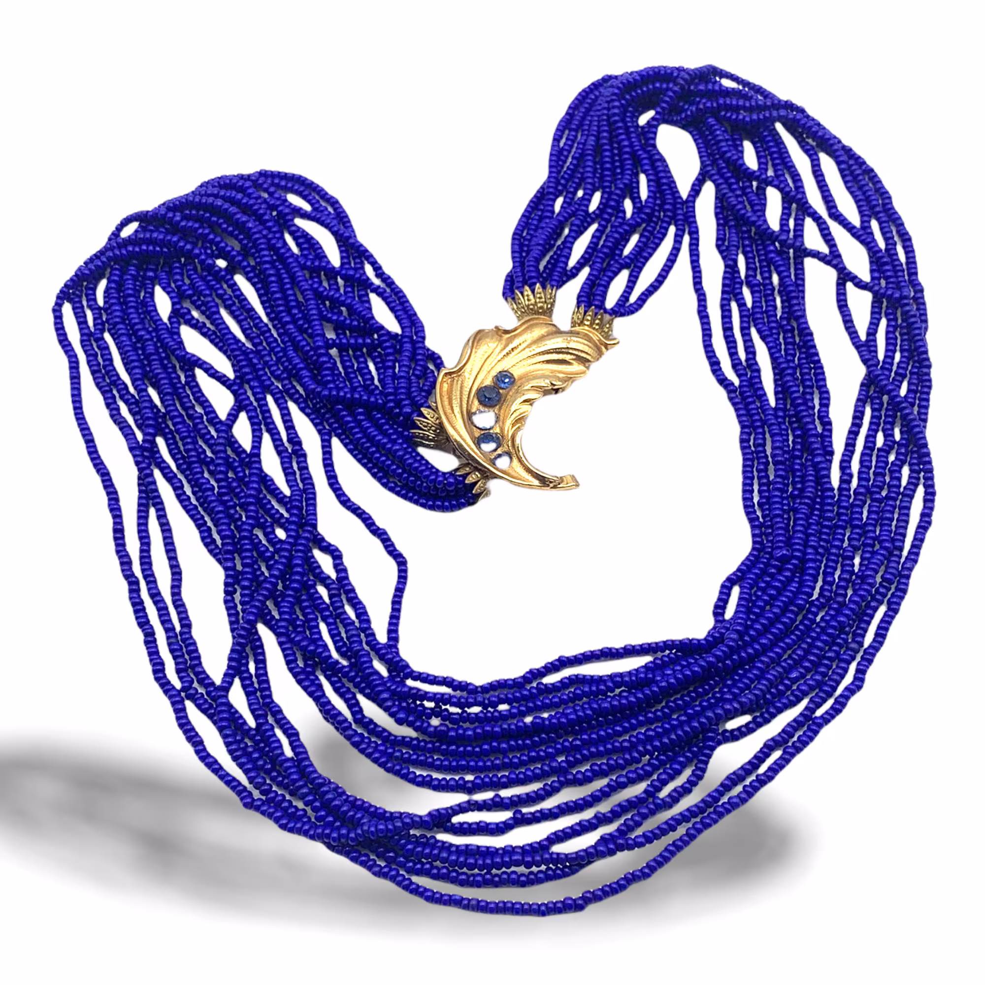 Thirteen Strands Cobalt Blue Glass Seed Bead Necklace - Multi Strand Necklace & Adorable Jeweled Leaf Clasp -Art.973