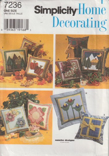 Simplicity 7236 Home Decor Pillow Package, Holiday & Seasonal Square Pillows, Appliques, 16 & 21 Inch Uncut