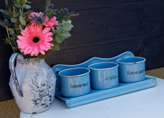 1930S ~ French Antique Enamel Laundry Soap Rack Vintage Enamelware Caddy Blue Hanging
