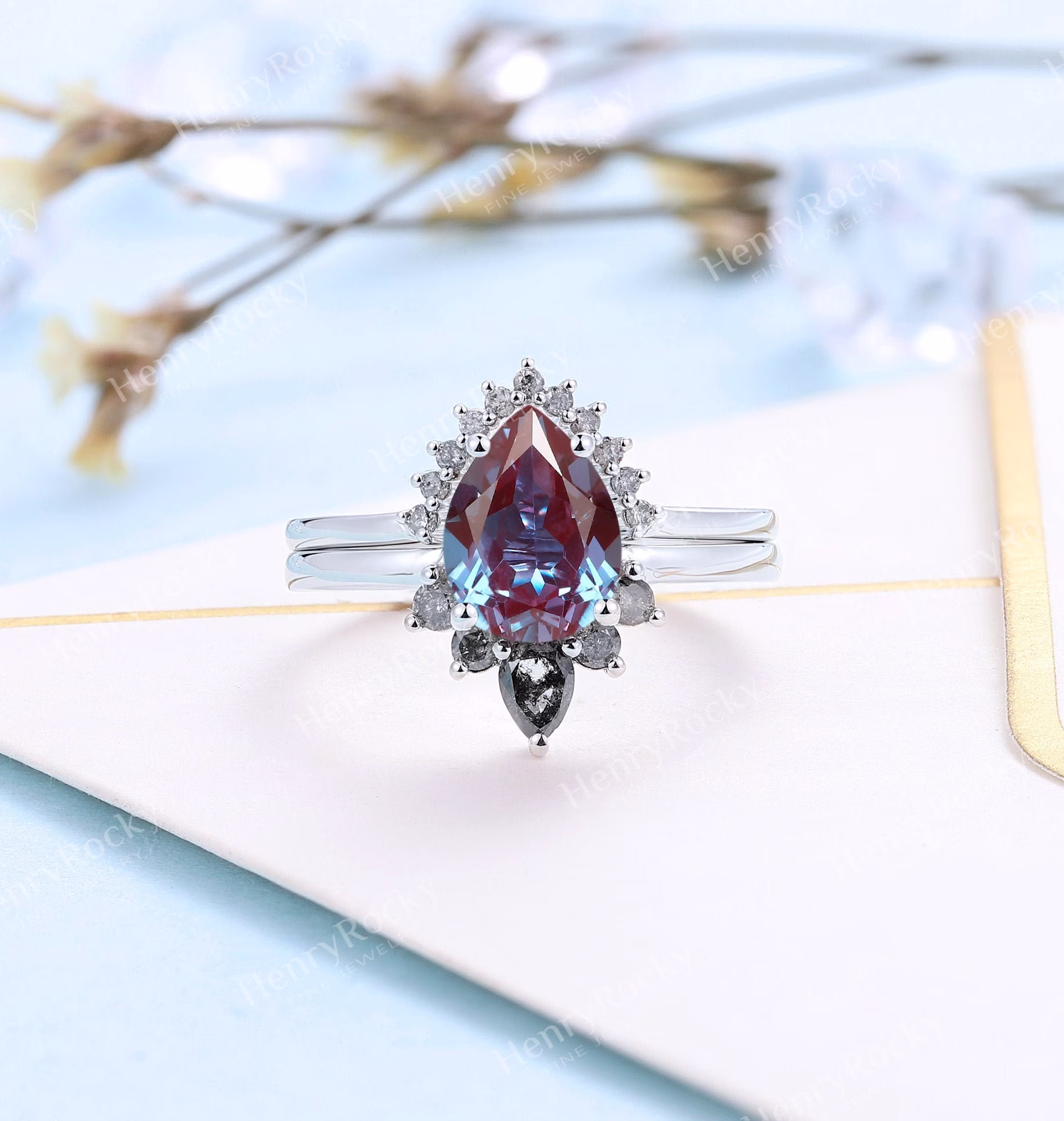 Vintage Alexandrite Engagement Ring White Gold Ring| Pear Shaped Bridal Set |Salt & Pepper Diamond Art Deco Wedding | Unique Anniversary