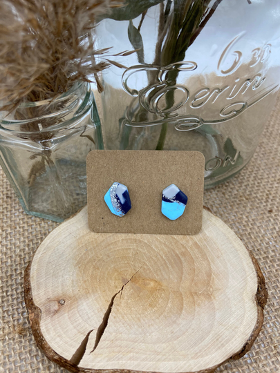 Blue Marbled Organic Diamond Stud Earrings With Silver Leaf - Surgical Steel Hypoallergenic