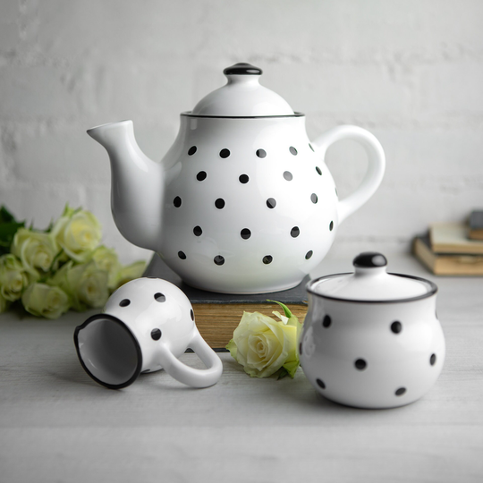 White Ceramic Tea Set, Teapot Large Teapot, Milk Jug, Sugar Bowl Handmade Stoneware Pottery With Black Polka Dot