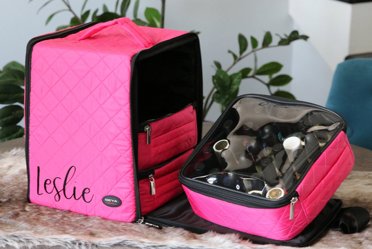 Clear Top See-Through PVC Quilted 4-Pc Square Set Black Portable Beauty Make Up Hair Nail Polish Pen Lettering Craft Organizer Gift - Pink