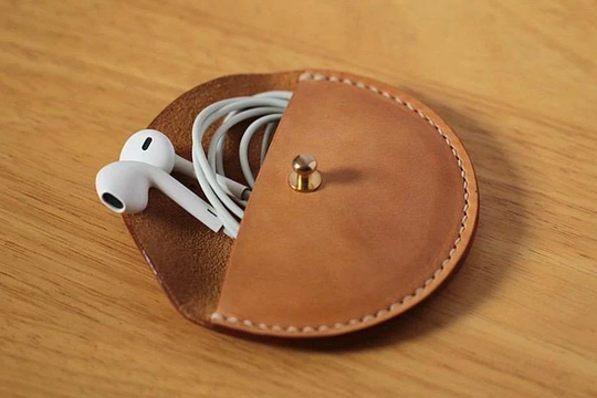 Leather Earphone Case Cable Organizer Holder Round Headphones, Multi Use Coin Case, Gift , Personal Care