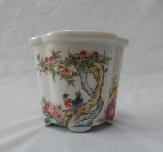 Vintage Chinese Porcelain Flower Bonsai Pot Plum Tree Birds Chrysanthemum Circa Mid 20Th Cenury Retired Used