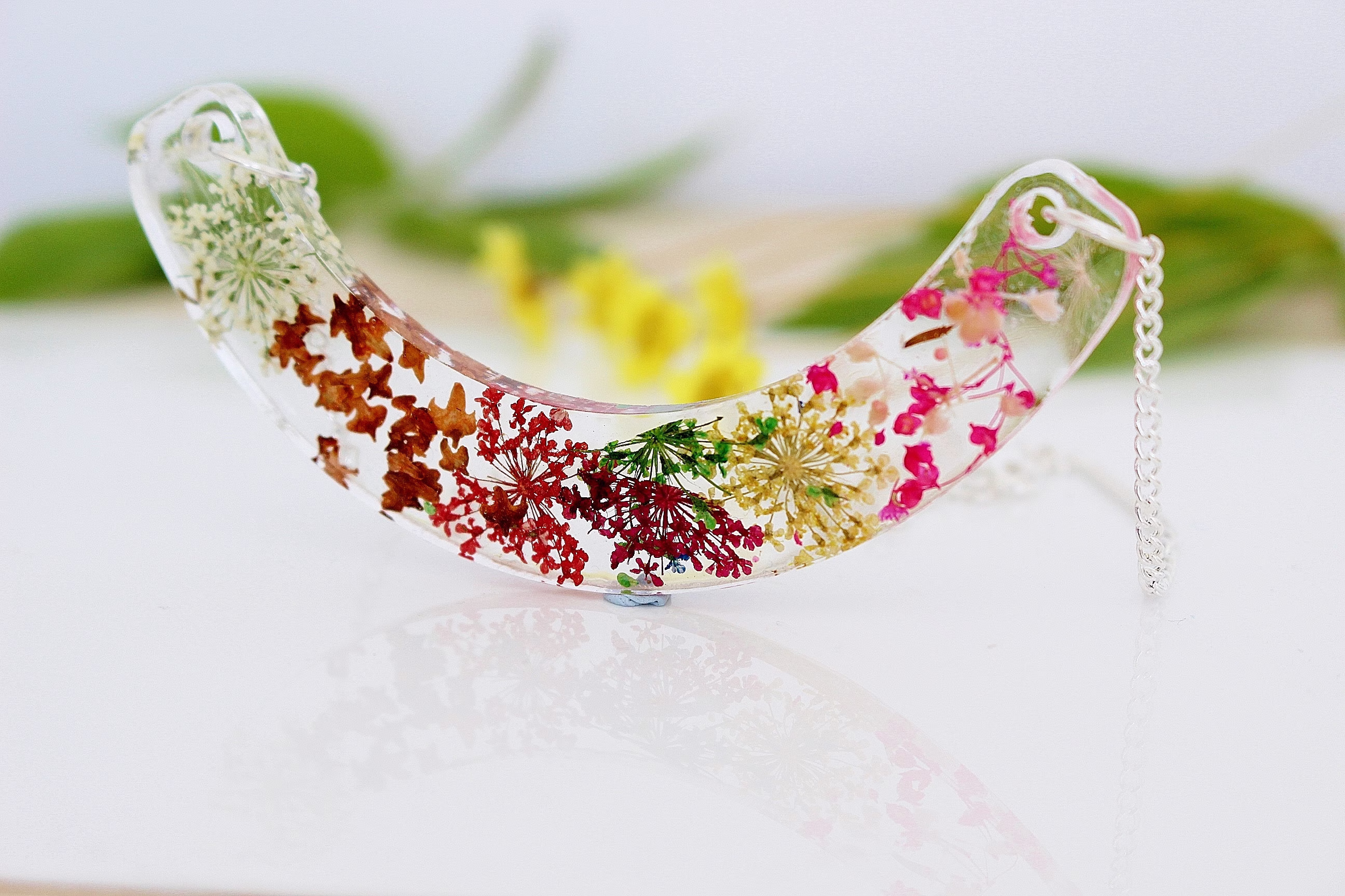 Four Seasons Necklace, Pressed Flower, Flower Bib Resin Real Jewelry, Gift For Her, Botanical Pendant