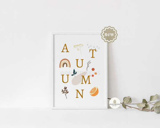 Autumn Seasonal Leaves & Rainbow Wall Art Print | Unframed Print A3/A4/A5 Prints Home Decor Autumn Kitchen