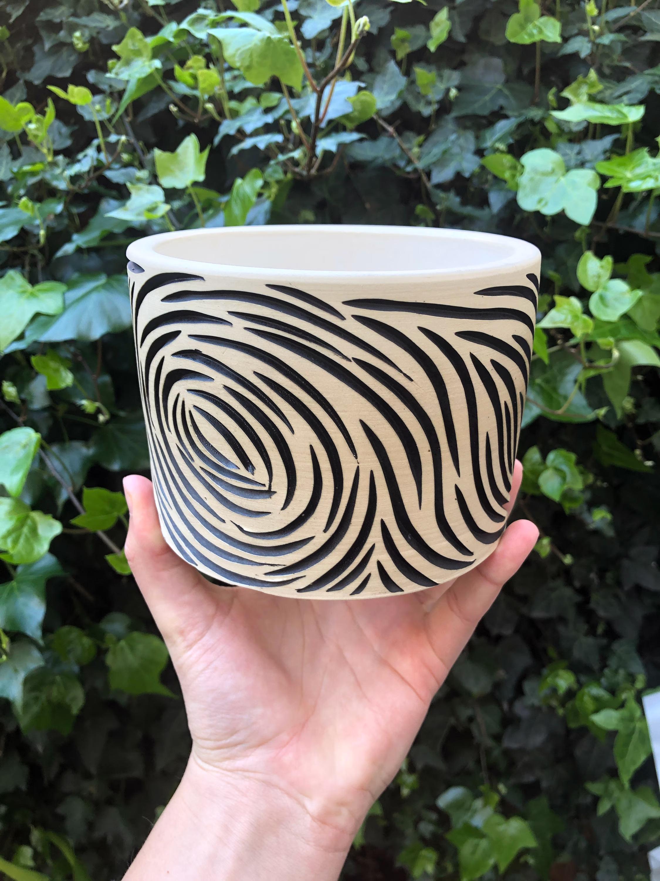 Large Carved Patterned Ceramic Planter - White & Black | Zebra Pattern Made To Order 6x6 Inches