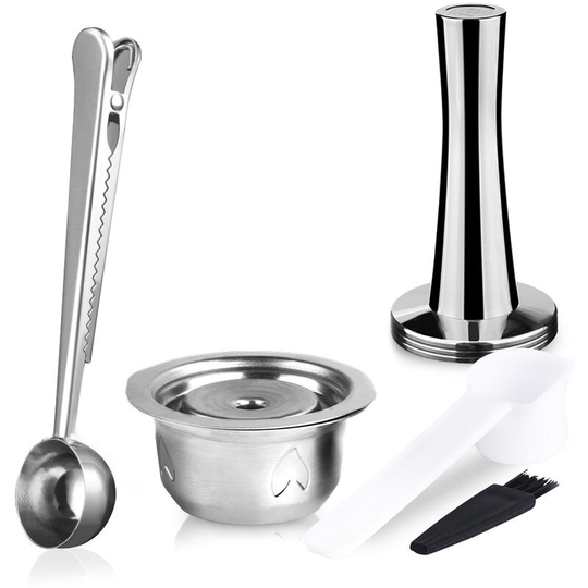 Lifcausal - Stainless Steel Capsule Reusable Capsule Pods Set with Powder Tamper & 2 Spoons & Brush for nespresso Vertuoline GCA1 Delonghi ENV135