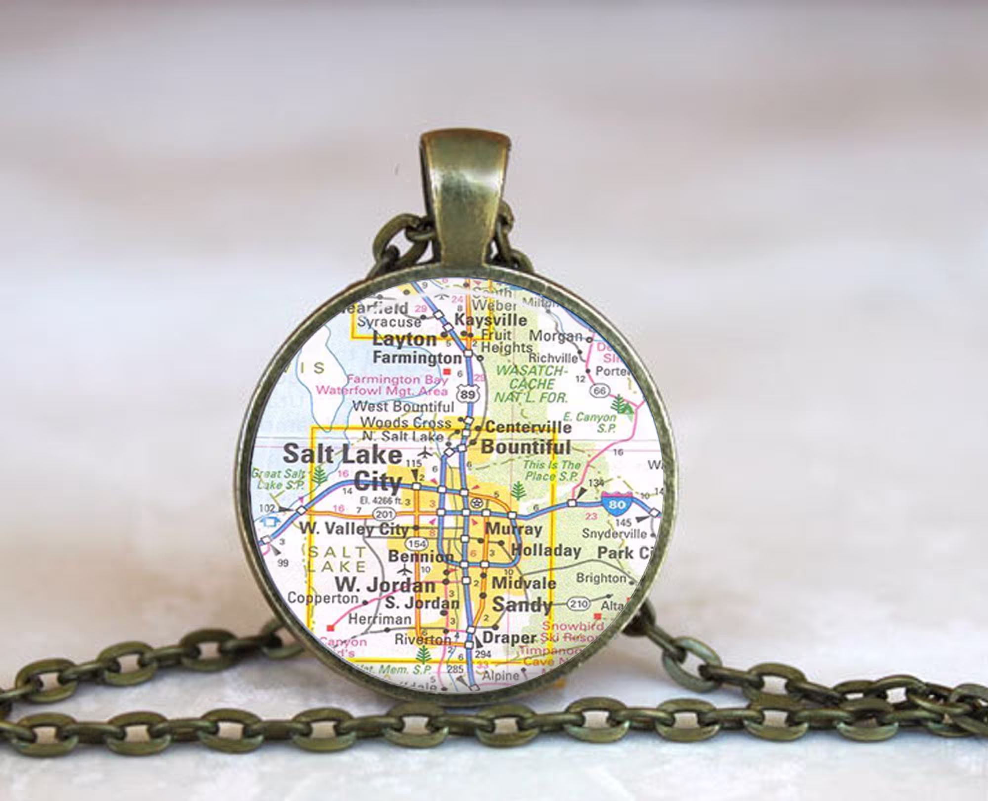 Salt Lake City Necklace, Utah Necklace Map Pendant Jewelry Key Chain Ring Keychain Fob Keyring