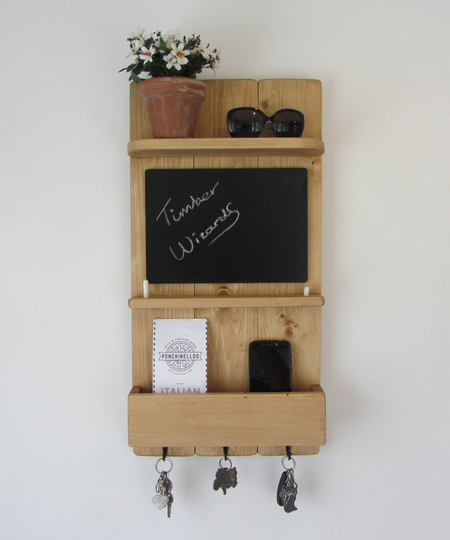 Reclaimed Wood Kitchen Organizer 3 Hook Key Holder With Shelf , Letter Rack & Chalk Board/Blackboard Medium Oak Wax