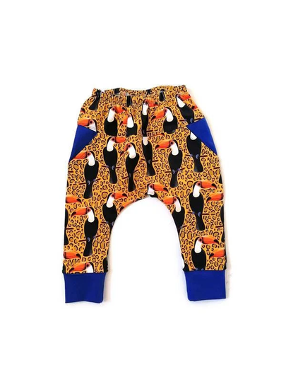 Organic Baby Leopard Print Baggy Trousers, Toucans & Animal Print, Cloth Friendly Clothes, Unisex Toddler Pants, Handmade in The UK