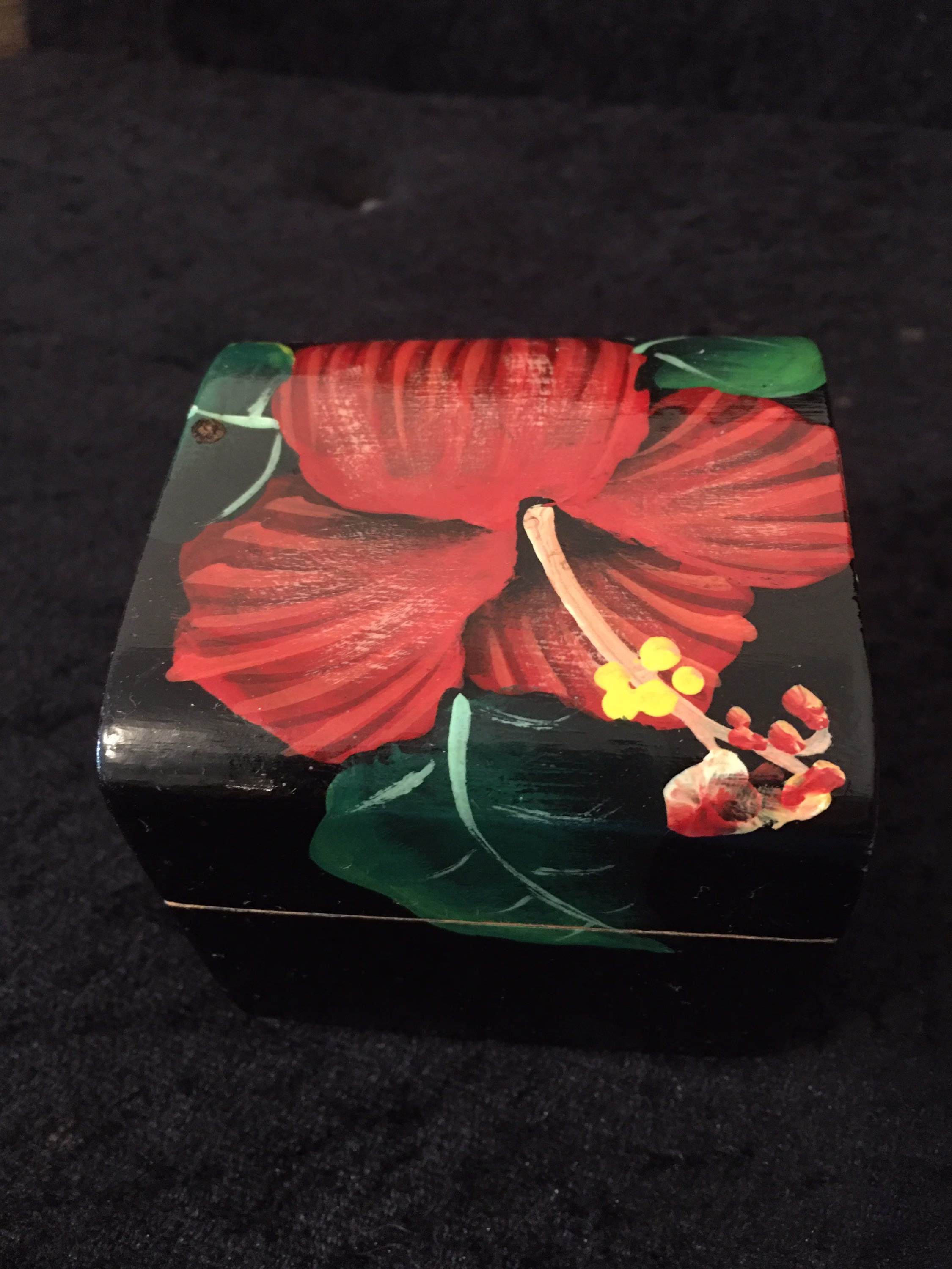 Vintage Wooden Trinket Box With Hand Painted Hibiscus Flower