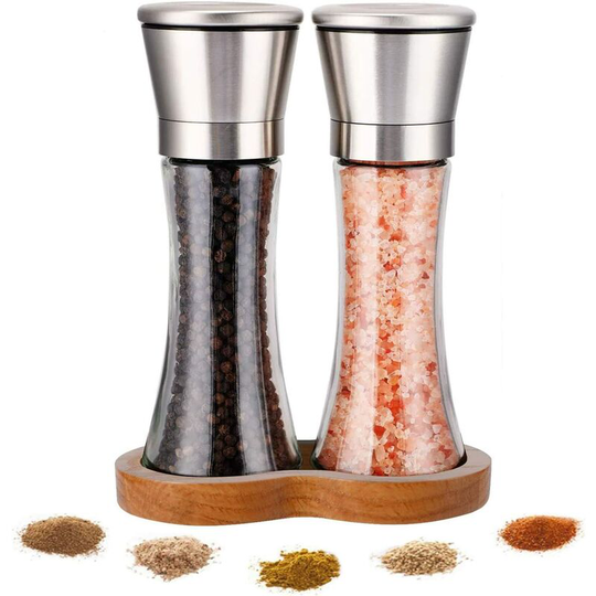 Stainless Steel Pepper Mill, 2 Manual Adjustable Ceramic Grinder, Spice Grinder with Glass Body, for Herbs Suitable for Coarse Sea Salt, Pepper(L)