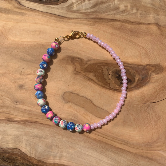 Seed Bead Bracelet Or Anklet - Half Light Pink Pearlescent Beads Rhinestone Clay