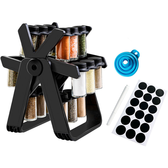 Asupermall - 18PCS Jar Spice Rack 360¡ãRotating Ferris Wheel Spice Rack Seasoning Organizer Seasoning Rack Tower With Label Paper Pen Folding Funnel