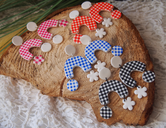 Checked Earrings | Modern Earrings, Organic Arch Stud Gingham Vichy Pattern, Polymer Clay