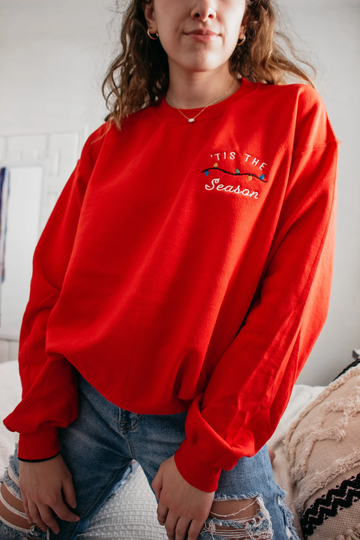 Embroidered Tis The Season Sweatshirt Holiday Apparel Christmas Lights Winter Crewneck Party Sweater