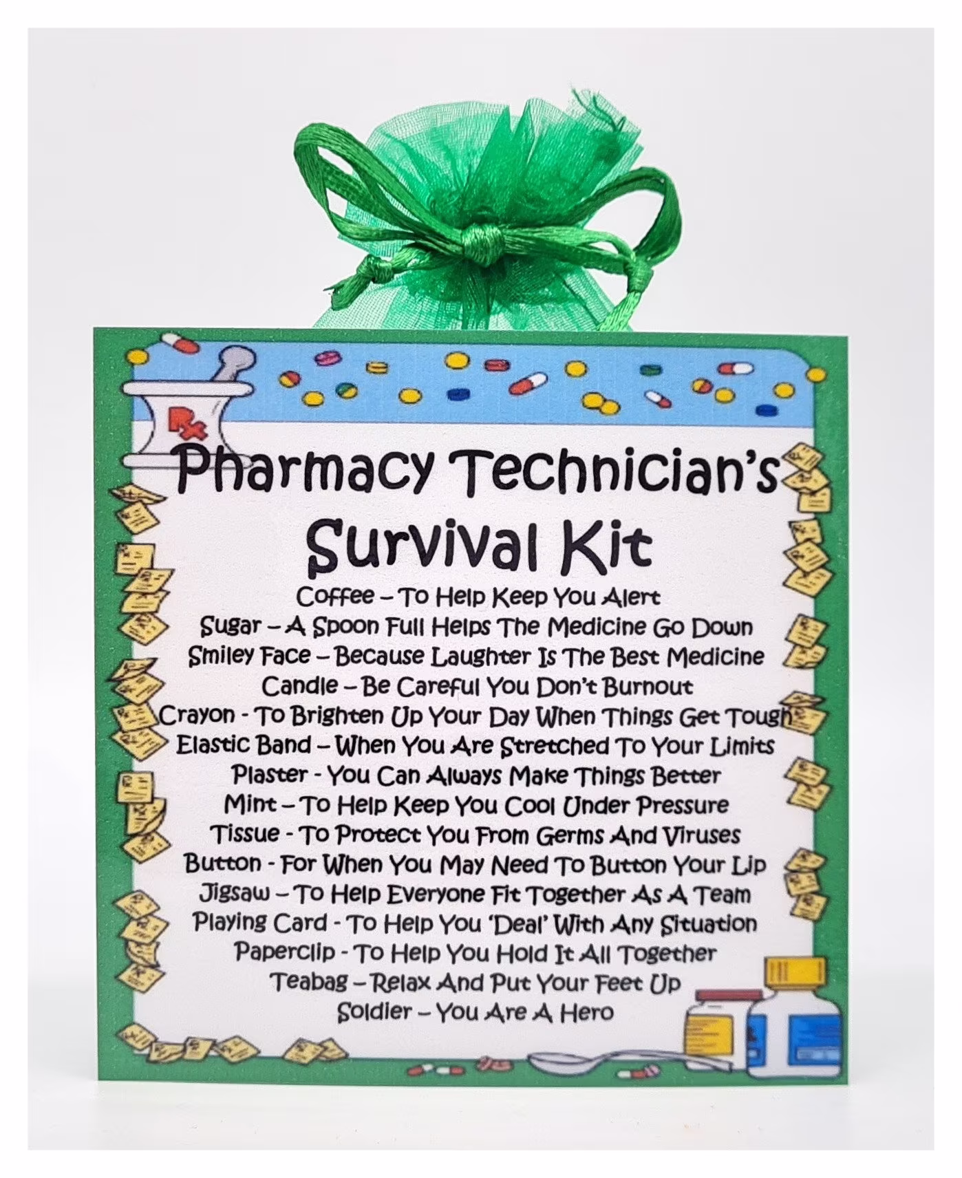 Pharmacy Technician's Survival Kit - Fun Novelty Gift & Card Alternative/Present Birthday Greeting Cards Unique Secret Santa