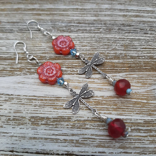 Long Red Dragonfly Earrings, Silver Long Dragonfly, Butterfly, Red, Pink, Crystal, Dangles