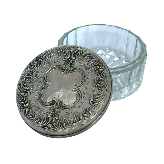 Vintage Towle Jewellery Box, Vanity Box With Mirrored Lid, Silver Powder Jar, Cosmetic Glass Trinket Art Nouveau