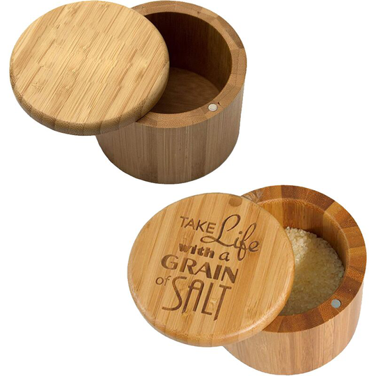 Fvbjd - Bamboo Salt Box, Salt Container With Lid, Salt Shaker, Bowl with Magnetic Swivel Lid (2 pcs) Seasoning Jar + Life