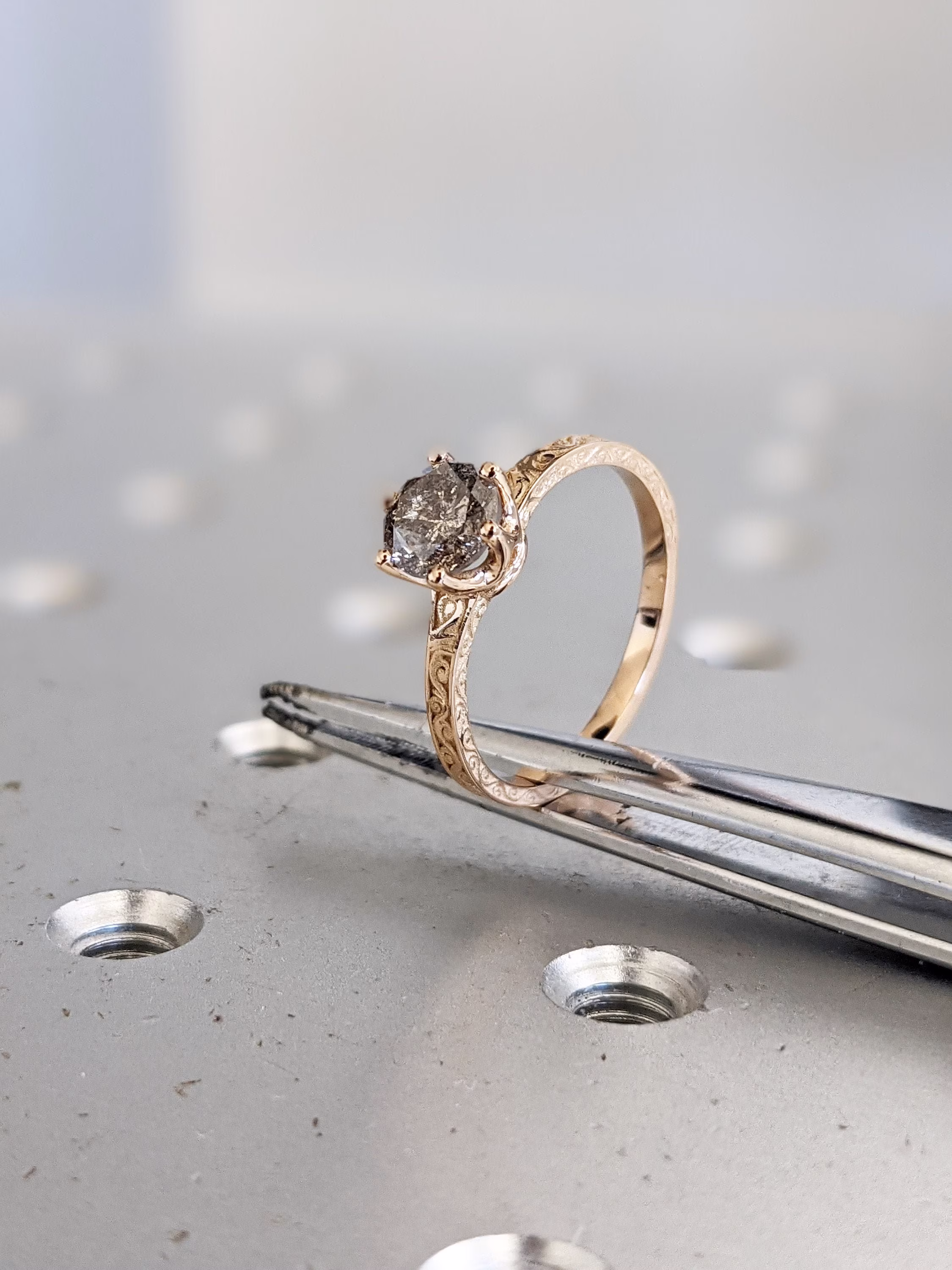 Raw Salt & Pepper Diamond Rose /White /Yellow Gold Engagement Ring Art Deco 1920's Inspired Thin Petite Band 18K Unique For Her
