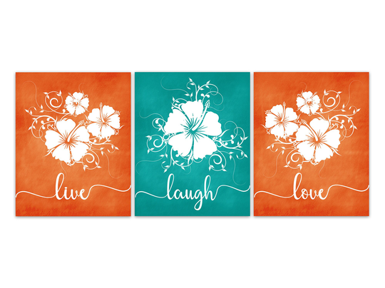 Live Laugh Love, Orange & Teal Wall Art Prints, Hibiscus Bathroom Decor, Bedroom, Floral Home Decor Canvas - Home880