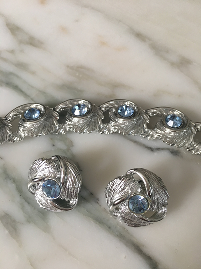 Blue Rhinestone Bracelet, Clip Earrings, 1960's Set, 2 Piece Powder Blue, Silvertone Jewelry, Bracelet & Earrings Set