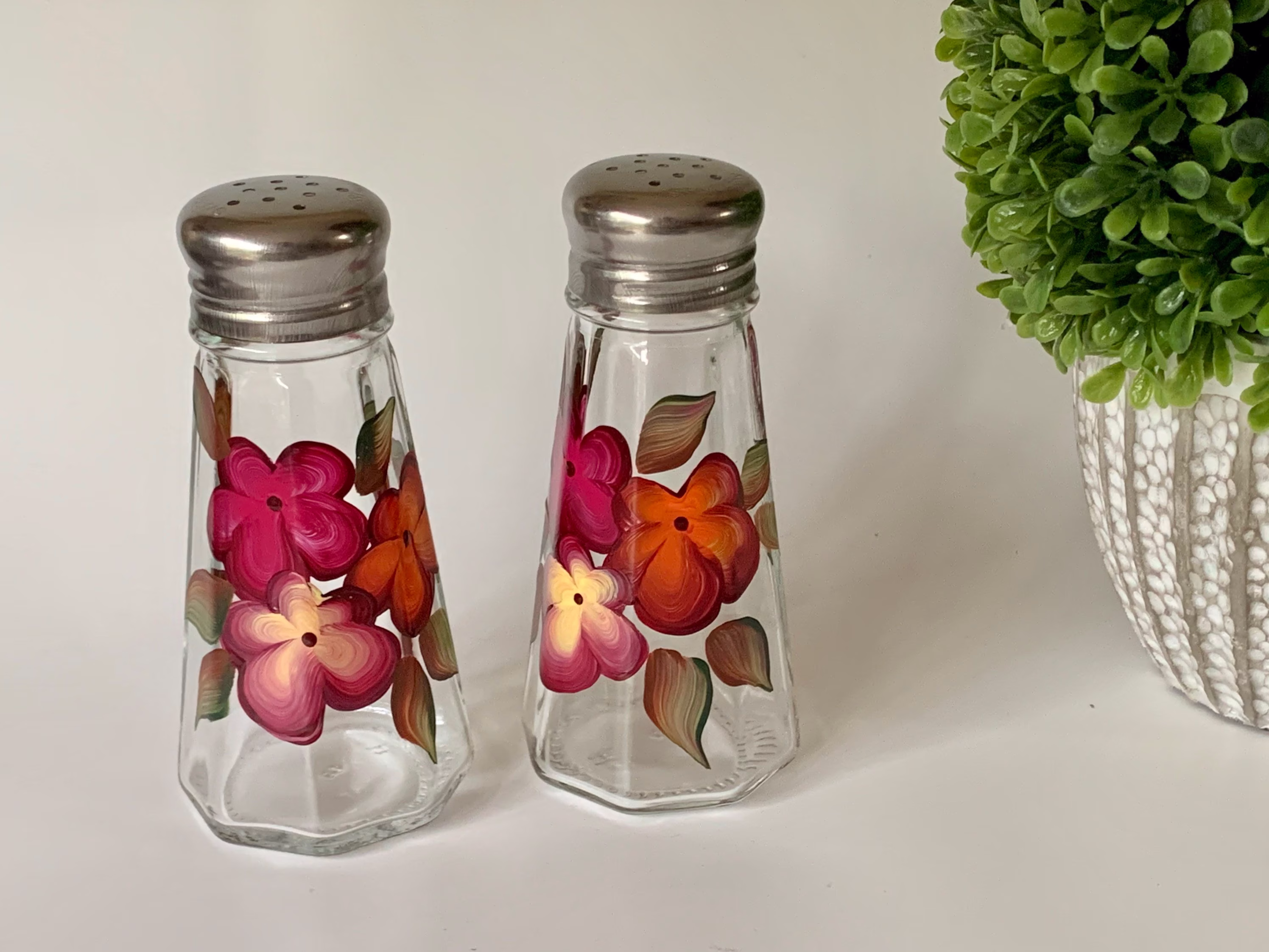 Painted Salt & Pepper Shakers With Fall Flowers, Glass Tall Autumn Shakers, Housewarming Wedding Gift, Godmother Kitchen Decor