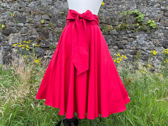 Organic Cotton Red Skirt | High Waisted Circle 50S Style Vintage Outfit Midi Custom Colours Sizes 6 - 26