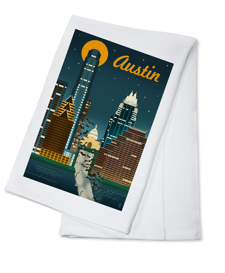 Tea Towel, Apron Austin, Texas, Retro Skyline, Lantern Press Artwork, Kitchen Cooking, Unisex, Adjustable, Organic Cotton