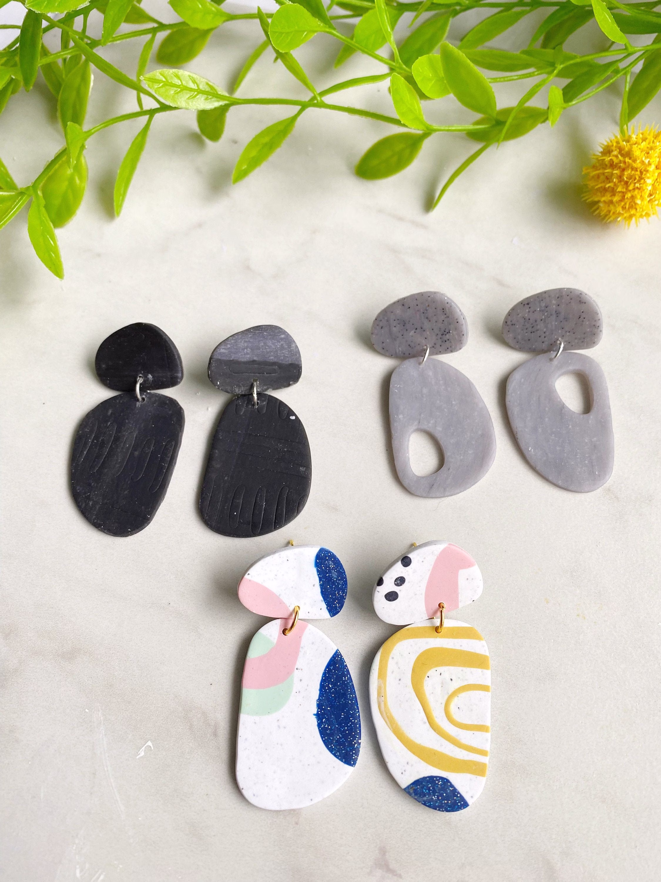 Organic Oval Earrings, Polymer Clay Dangles, Handmade Lightweight Modern Birthday Gift For Girlfriend