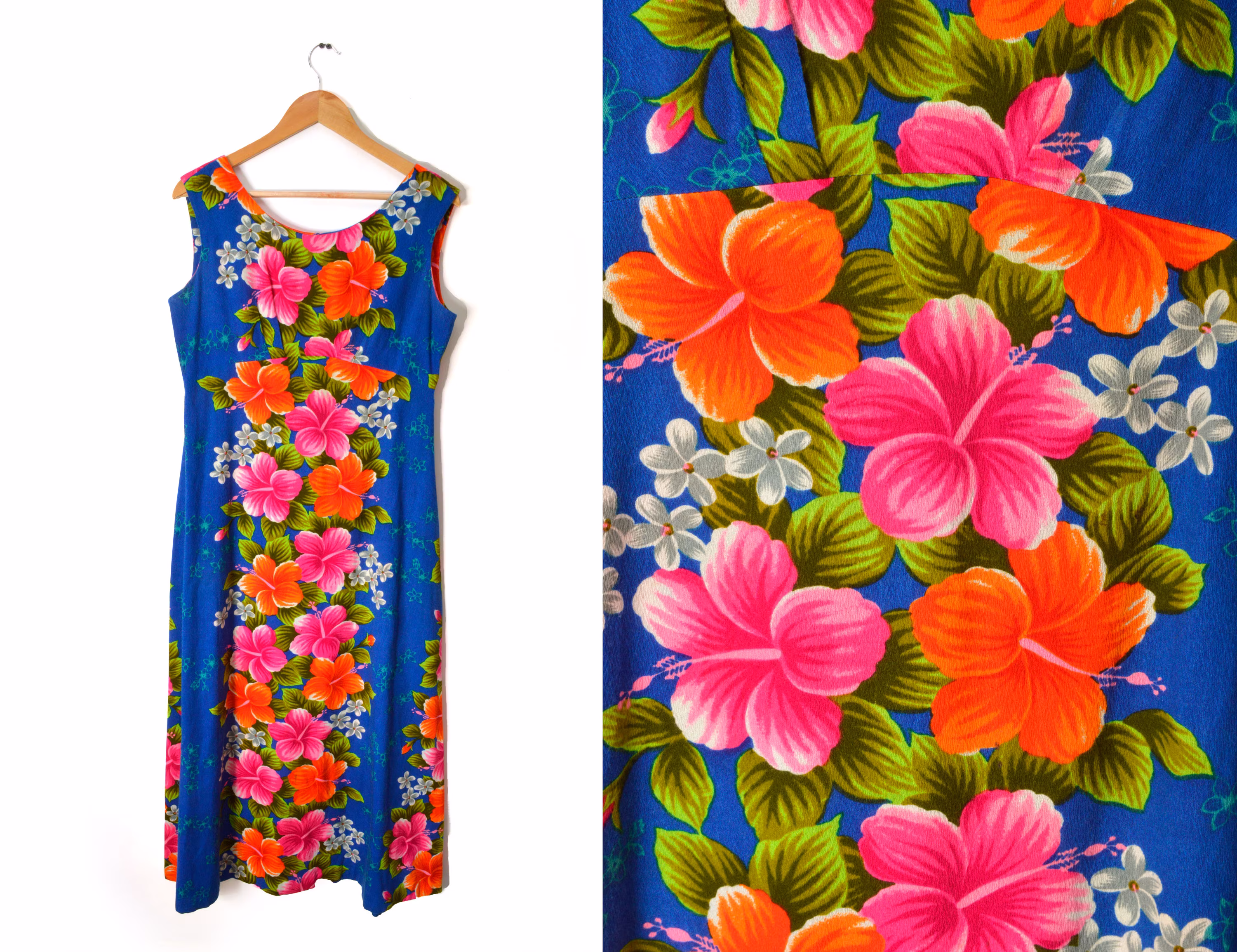 70S Hawaiian Floral Maxi Dress Womens 12 Barkcloth Hibiscus Tropical