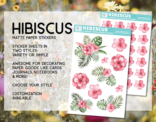 Hibiscus Sticker Sheet, Flower, Tropical, Stickers, Arrangement, Island, Stationary, Notebooks, Journal, Pink, Green Leaves, Cute, Ephemera