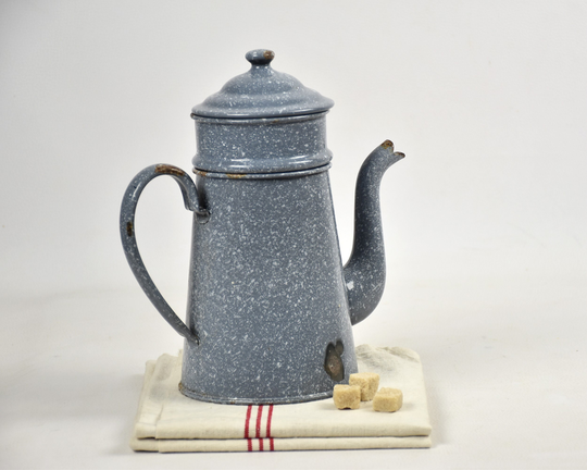 Graniteware Grey Enamel Coffee Pot Vintage, Farmhouse Kitchen Shelf Decor Rustic, Garden Planter Metal