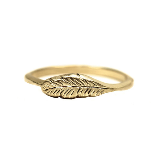 Delicate Organic Feather Ring 14K Yellow Gold Woodland Boho Bird Wing Warm Golden Glow Nature Light Flight Stackable Band - Feather's