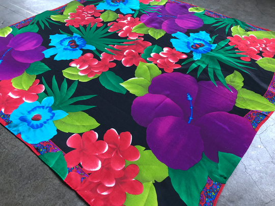 Silk Red Green Blue Purple Black Tropical Hawaiian Floral Print Square Scarf Handkerchief Retro 1980S 80S 1990S 90S Liz Claiborne Vintage