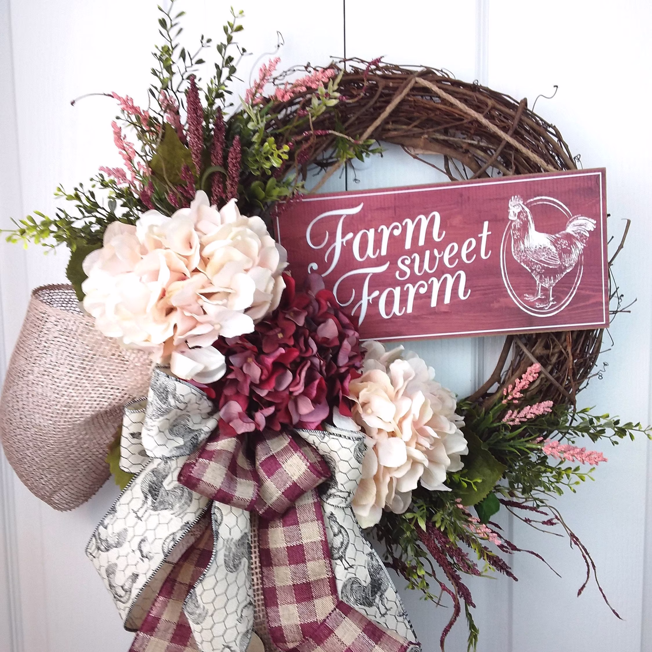 Front Door Wreath, Country Farmhouse Grapevine Three Season Unique Housewarming Gift, Inside Decor