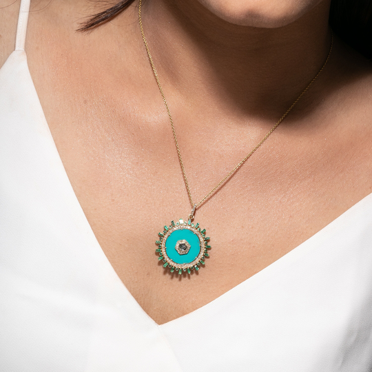 14K Gold Turquoise Pendant/Emerald Pendant/Round Pendant/Salt & Pepper Diamond/Graduation Gift/Fine Jewelry/Unique Pendant/Handmade