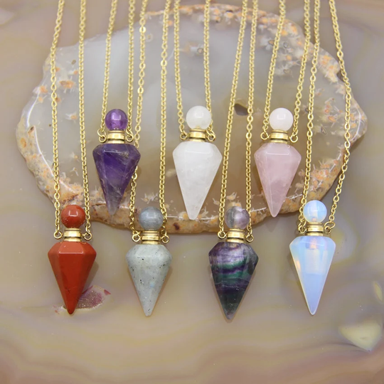 Fluorite Labradorite Faceted Cone Point Essential Oil Bottle Pendant Necklace, Rose Quartz Amethyst Pendulum Perfume Diffuser Vial Charms