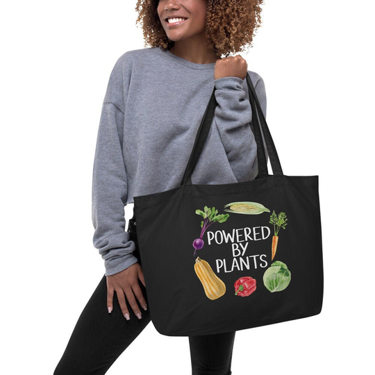 Powered By Plants, Organic Cotton Tote Bag, Eco Vegan Gift For Her, Vegan, Gift, Shopping Black