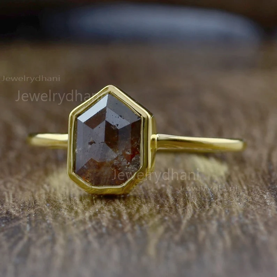 Natural Salt & Pepper Gray Diamond Wedding Ring 14K Yellow Gold Jewelry Handmade Minimalist Woman's Gift For Christmas